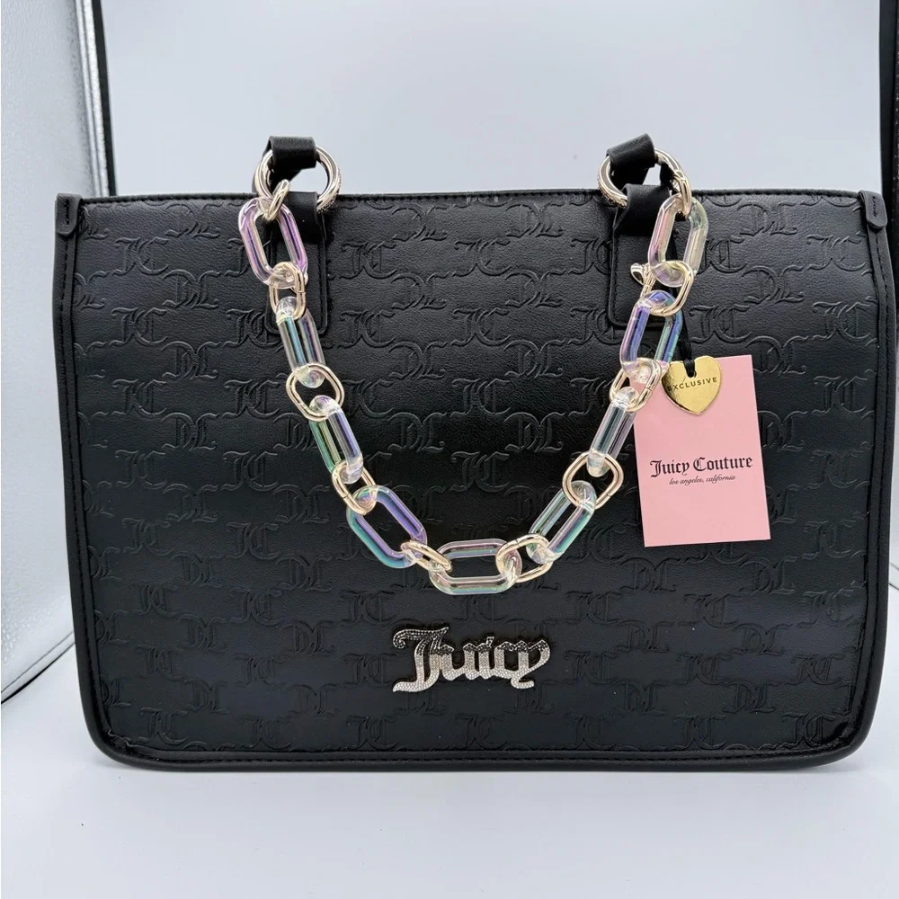 NWT Juicy Couture Black Monogram‎ Satchel Bag Chain Strap Rhinestone Logo